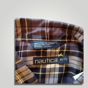 Nautica Mens Dress Shirt sz XL Tan Plaid Button Up Lightweight 100% Cotton